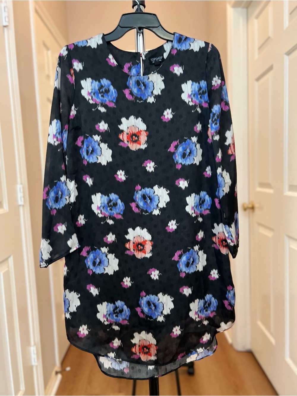 Topshop Vintage Black Floral Shift Dress with Blue, White & Pink Blooms